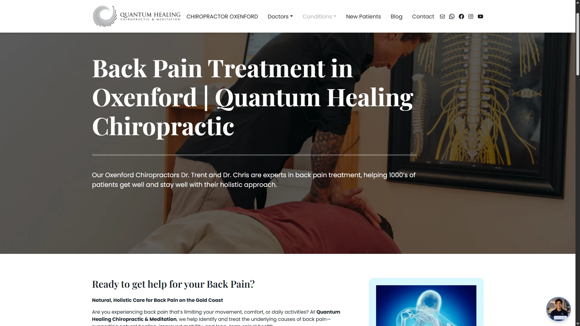 Encabezado y contenido de una página de servicio de Quantum Healing. La captura ilustra la estructura de la página, no resultados médicos verificados.